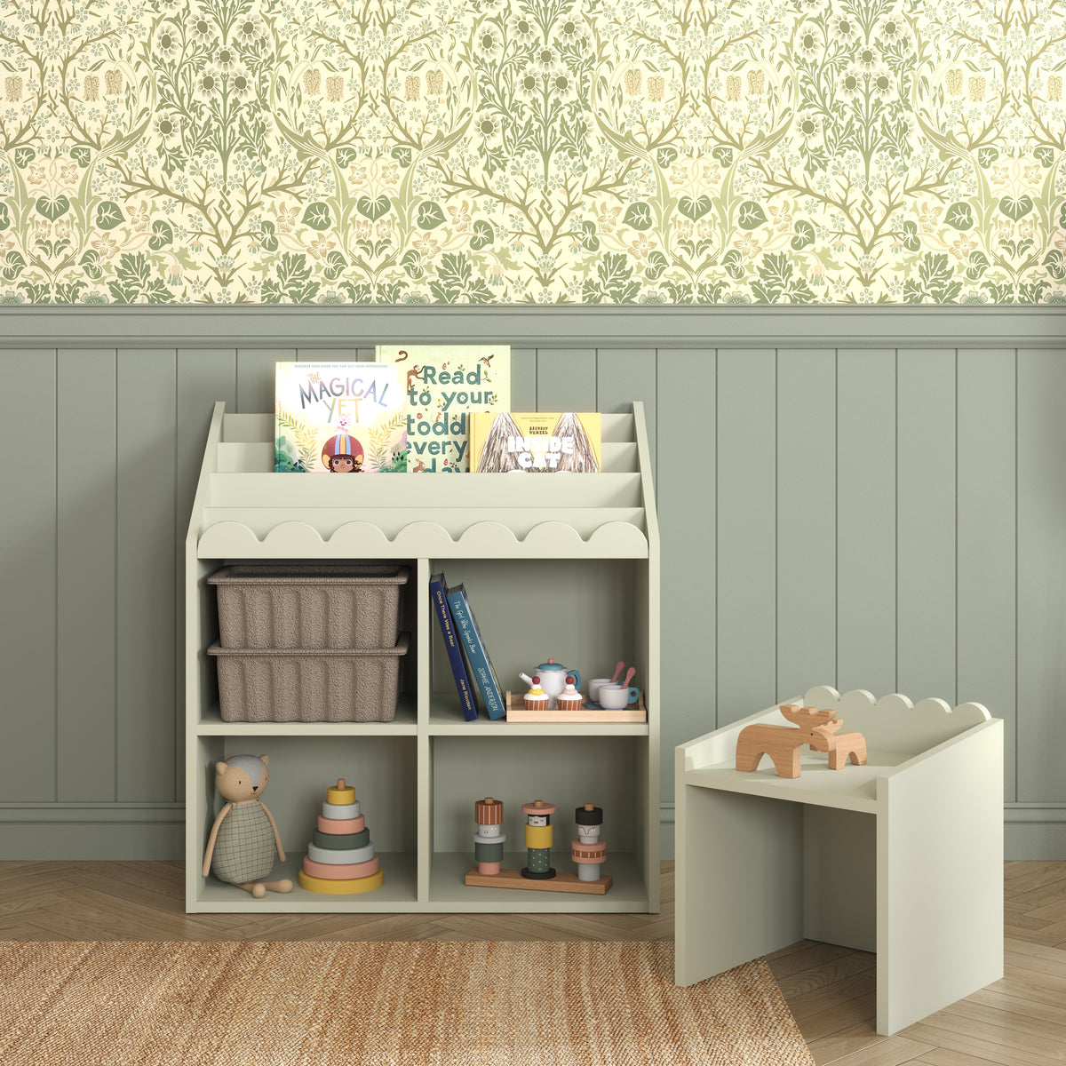 Montessori Book Nook Salbei – Kinderregal für Bücher und Spielzeug