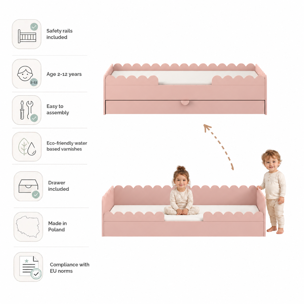 Book Nook Vintage Rose Montessori Toddler Bed 80x160 with Drawer